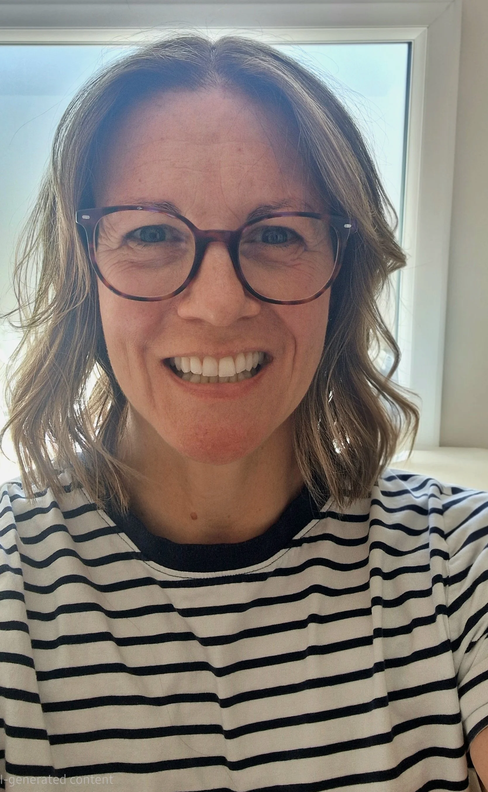 A woman with shoulder-length wavy brown hair wearing large round glasses and a black and white striped shirt. She is smiling and is inside a room with a window in the background.