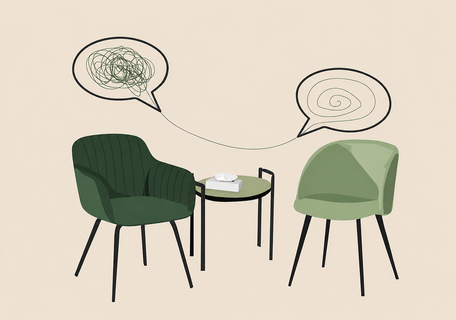Two green chairs and a small round table with tissues, with speech bubbles above, one with a scribbled line and the other with a spiral, indicating a conversation.