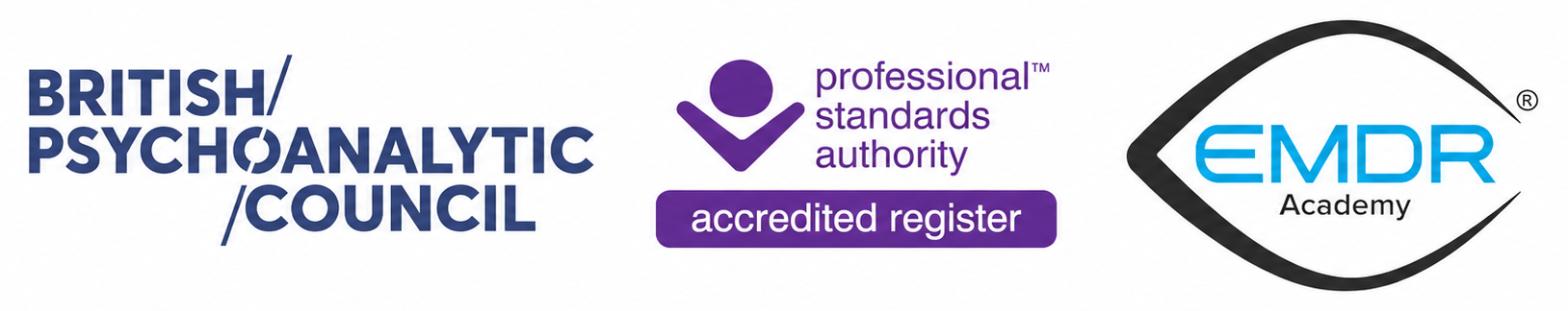 Logos of the British Psychological Council, Professional Standards Authority, and EMDR Academy.