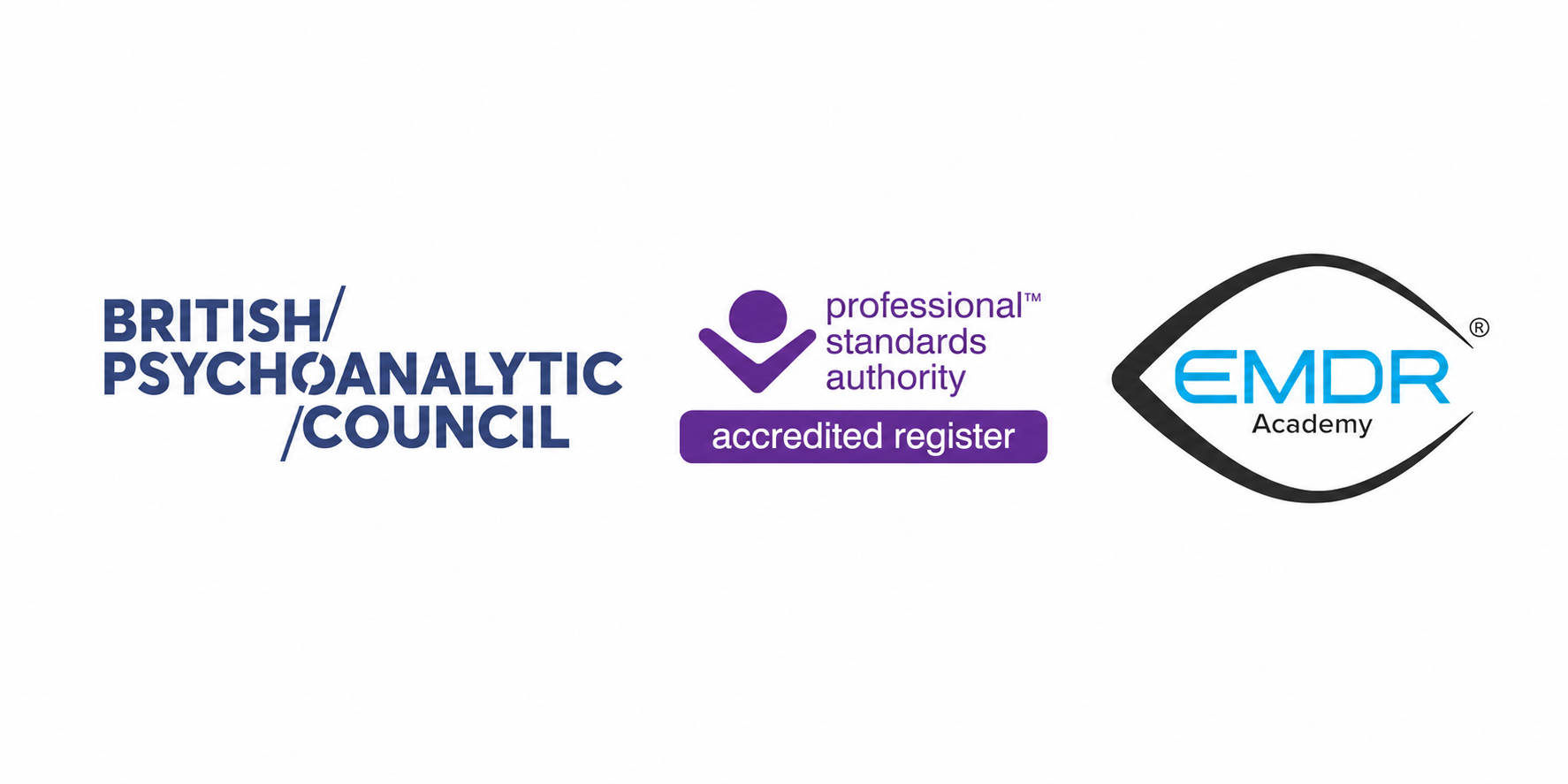 Logos of the British Psychoanalytic Council, Professional Standards Authority, and EMDR Academy side by side.