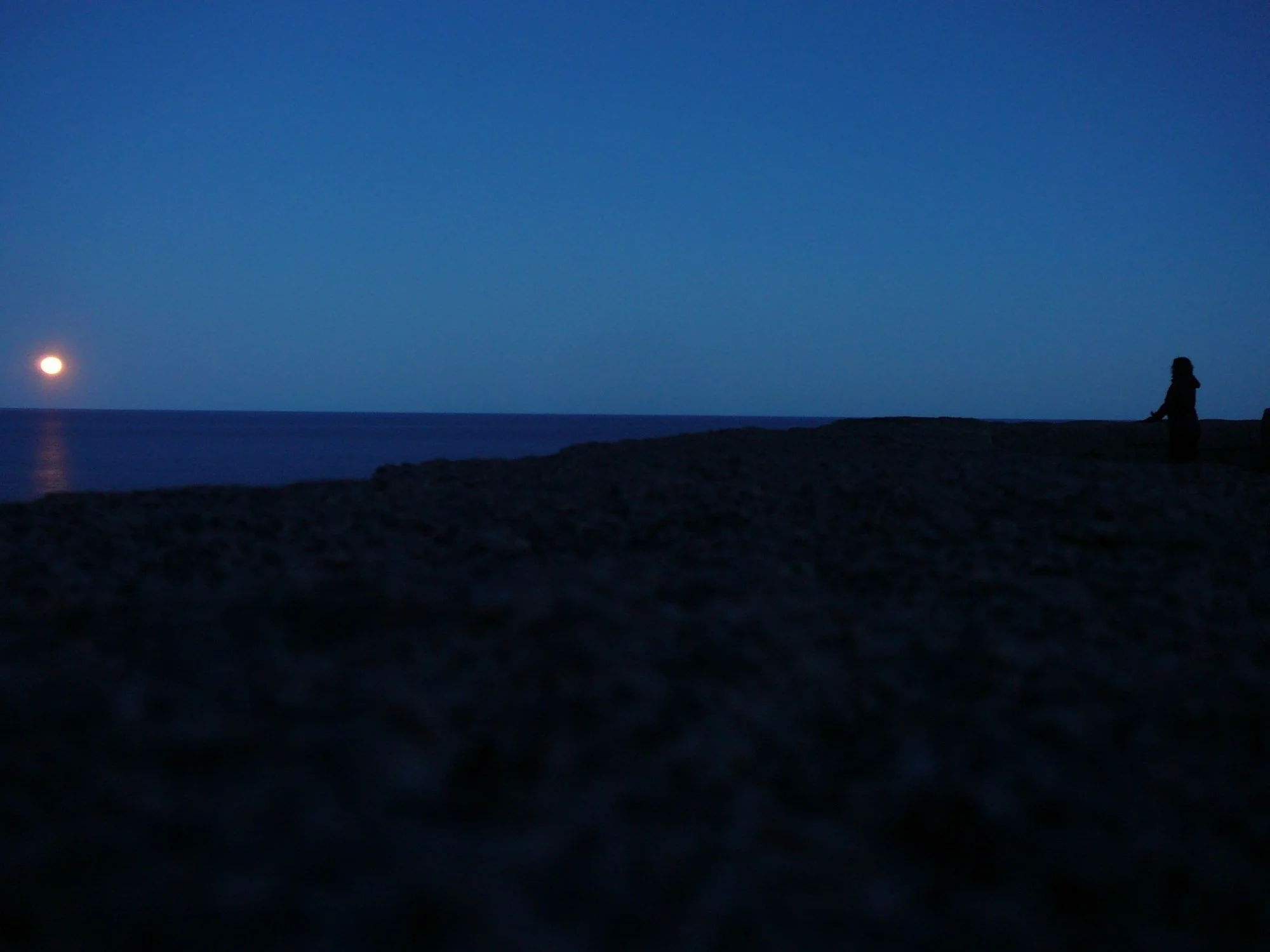 Moonrise over the ocean from Otter Cliffs Overlook in Acadia, with a silhouetted figure sitting on the dark rocks under a deep blue evening sky.