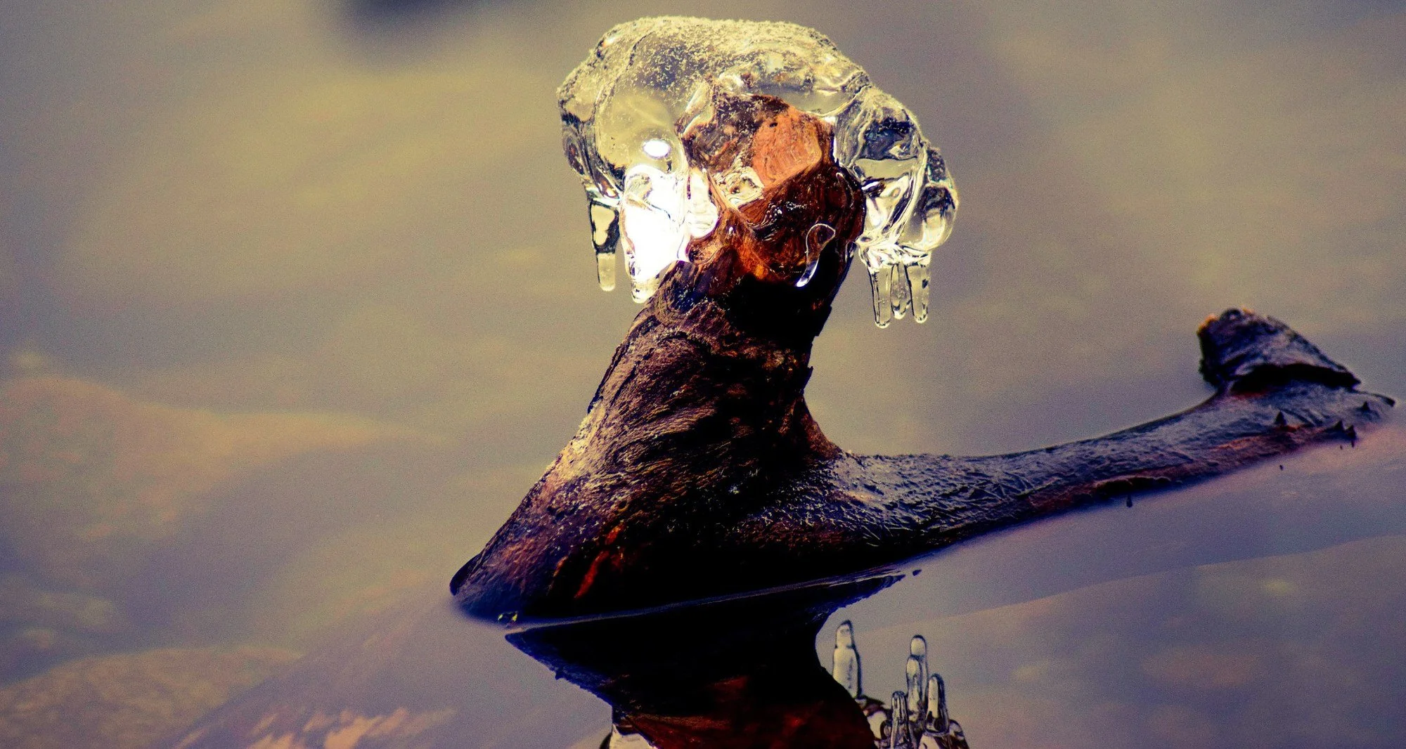 Close-up of a piece of driftwood capped with ice on Long Pond near Southwest Harbor on Mount Desert Island, Maine, reflected in cold winter water.