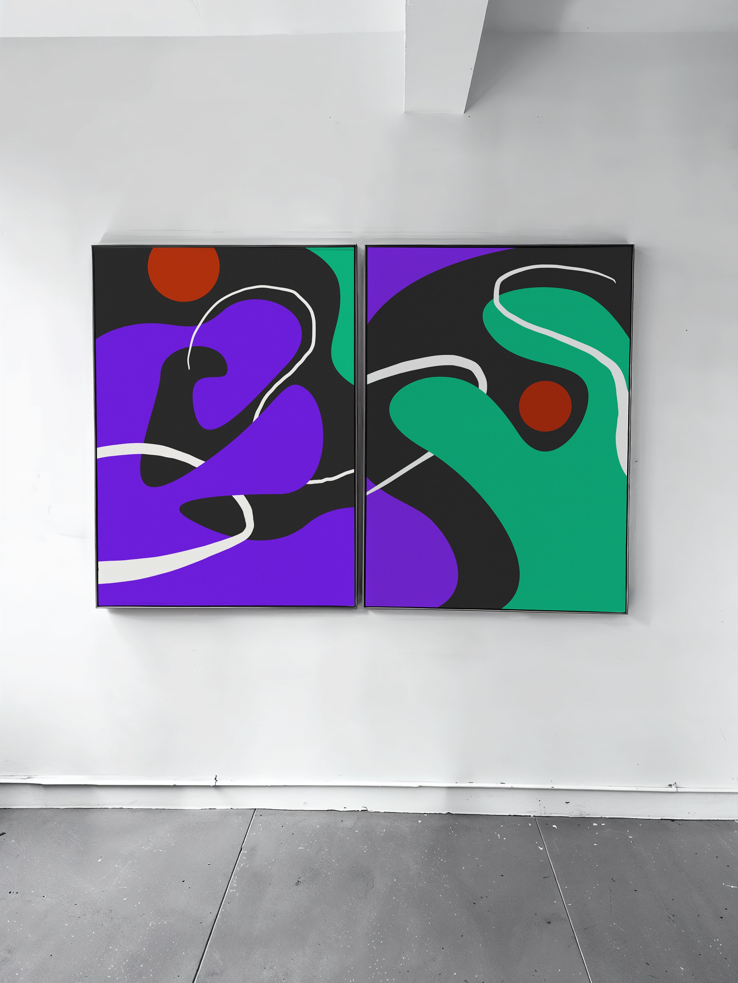 DANCING is a diptych inspired by dance movements. Organic shapes, bold colors and flowing lines create a visual choreography, turning rhythm, direction and gesture into a graphic composition.
