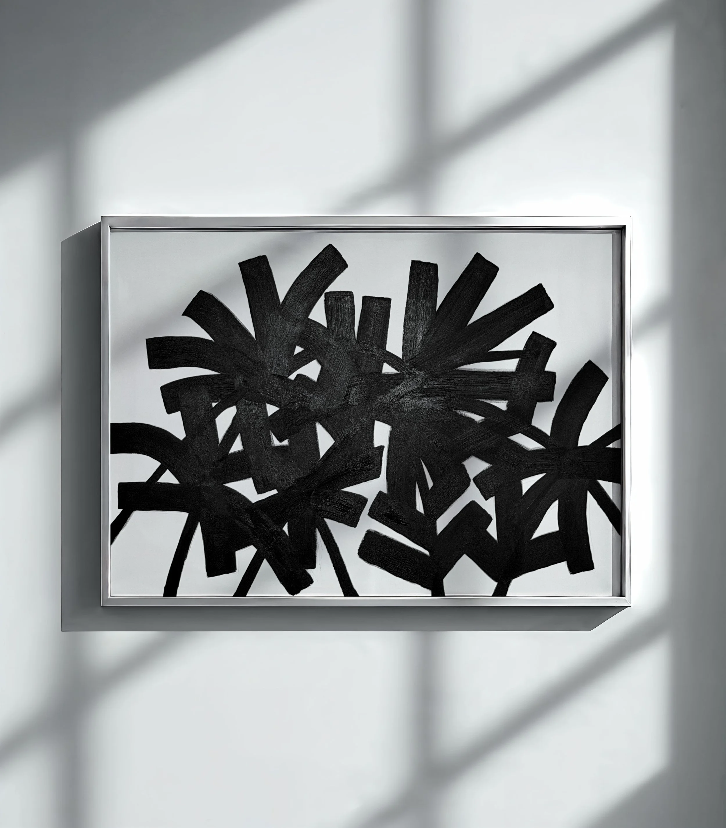 PALMS RHYTHM explores my fascination with palm trees and organic forms through bold black brushstrokes and high contrast. By abstracting plant-like shapes into repetition and overlap, the piece creates a textured pattern that feels both natural and g