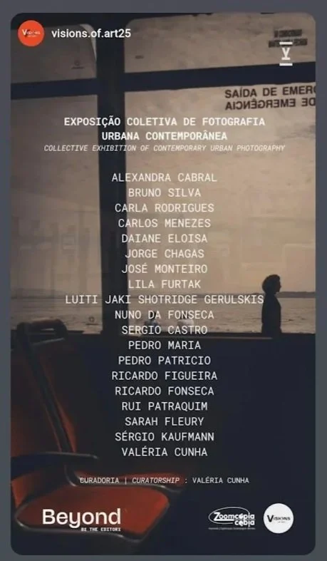A poster announcing an urban contemporary photography exhibition featuring multiple artists, with curated by Valéria Cunha, displayed in a setting with a person's silhouette and a car in the background.