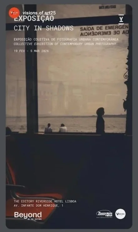 Silhouette of two people sitting and one person walking along the waterfront at sunset, with a large silhouette of a woman's face in profile on the right side, and text overlay about an urban photography exhibition in Lisbon.