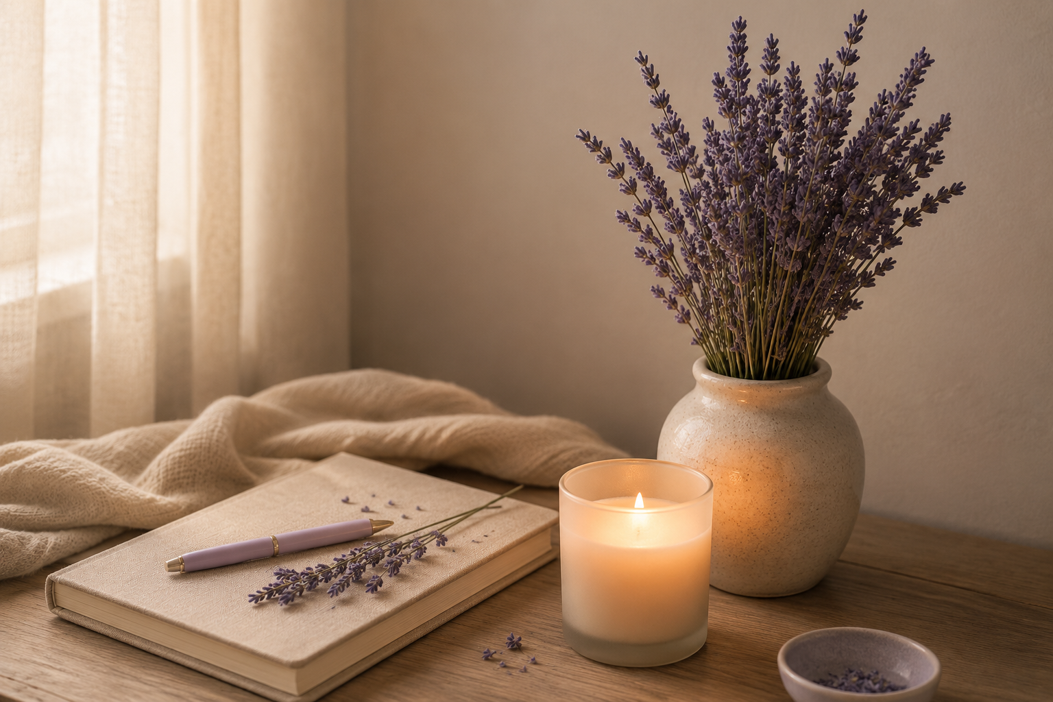 A Cozy Desk Scene with Lavender, Candle, Notebook, and Pen