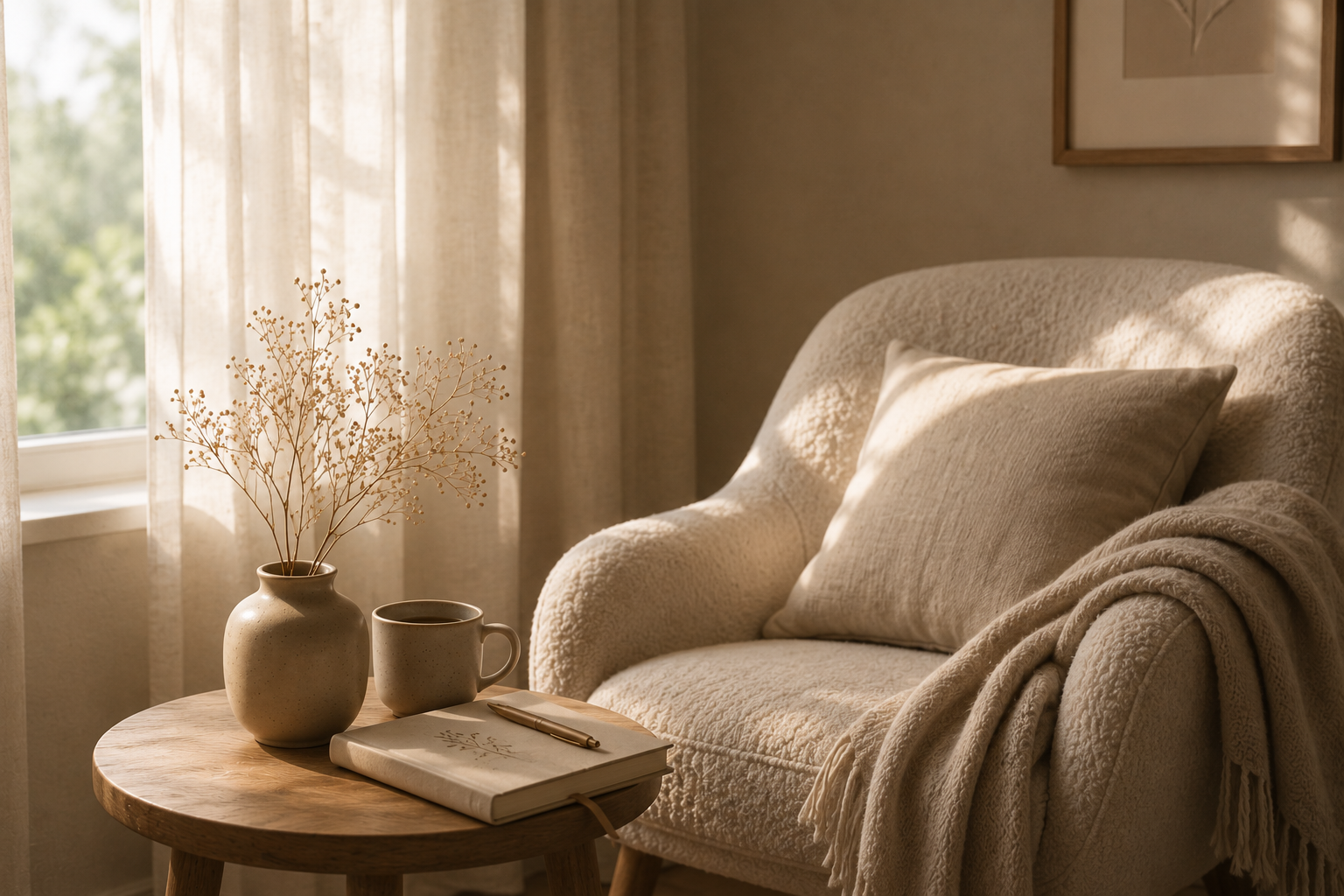 Cozy living room corner with a beige armchair, a pillow, a blanket, a wooden side table with a potted plant, a notebook, a pen, and a mug, near a window with sheer curtains letting in soft sunlight.