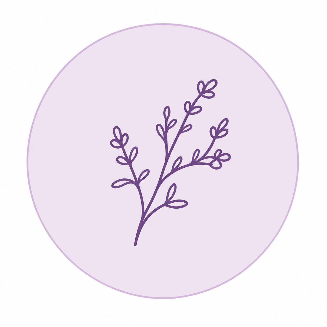 Line drawing of a sprig with small oval leaves inside a light purple circle.