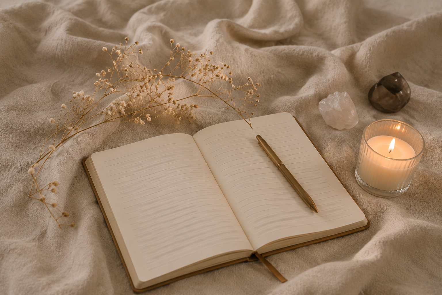 Open notebook with a pen on a soft, beige fabric surface, surrounded by dried flowers, crystals, and a lit candle.