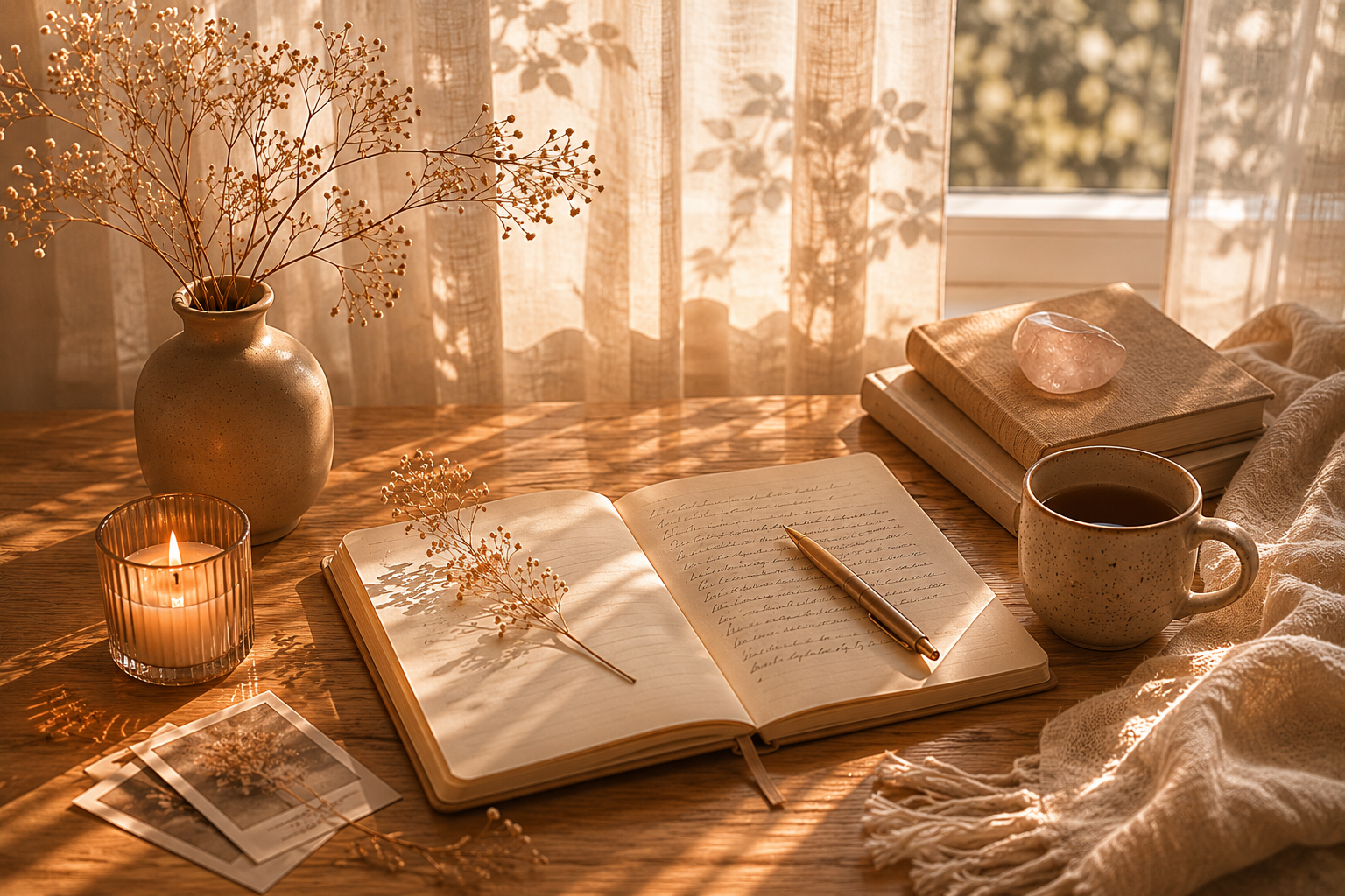 A cozy desk setup with a lit candle, a vase with dried flowers, an open notebook with handwritten notes and dried flowers for decoration, a cup of coffee, a stack of books with a crystal on top, a blanket, and sunlight casting shadows through curtains.