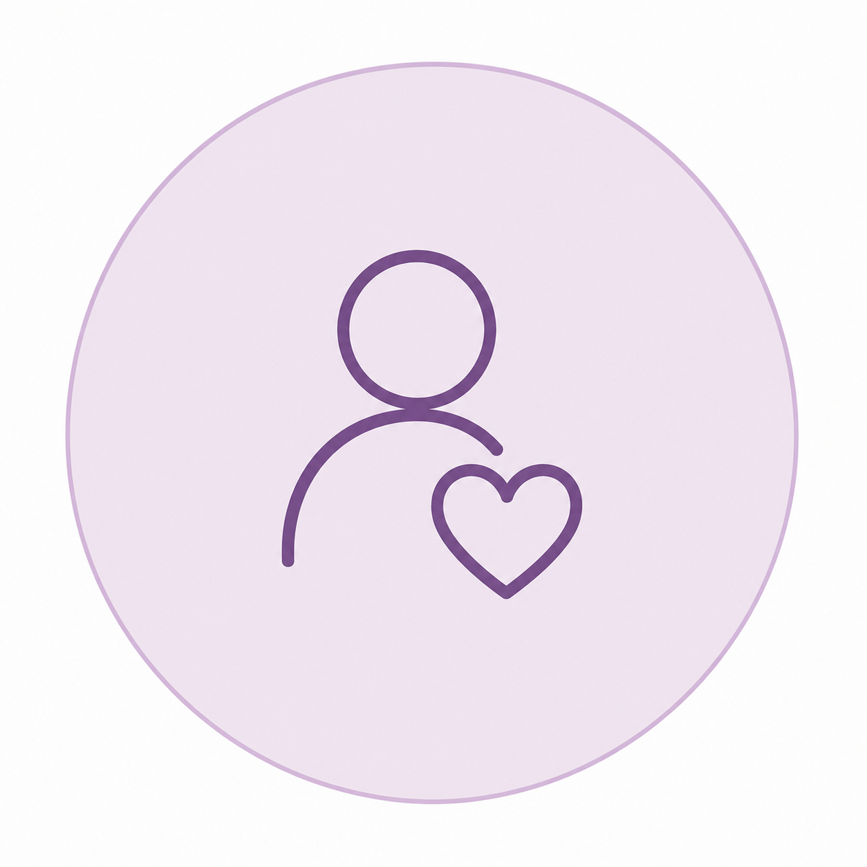 A minimalist icon of a person with a heart, depicted in purple lines on a light purple circular background.