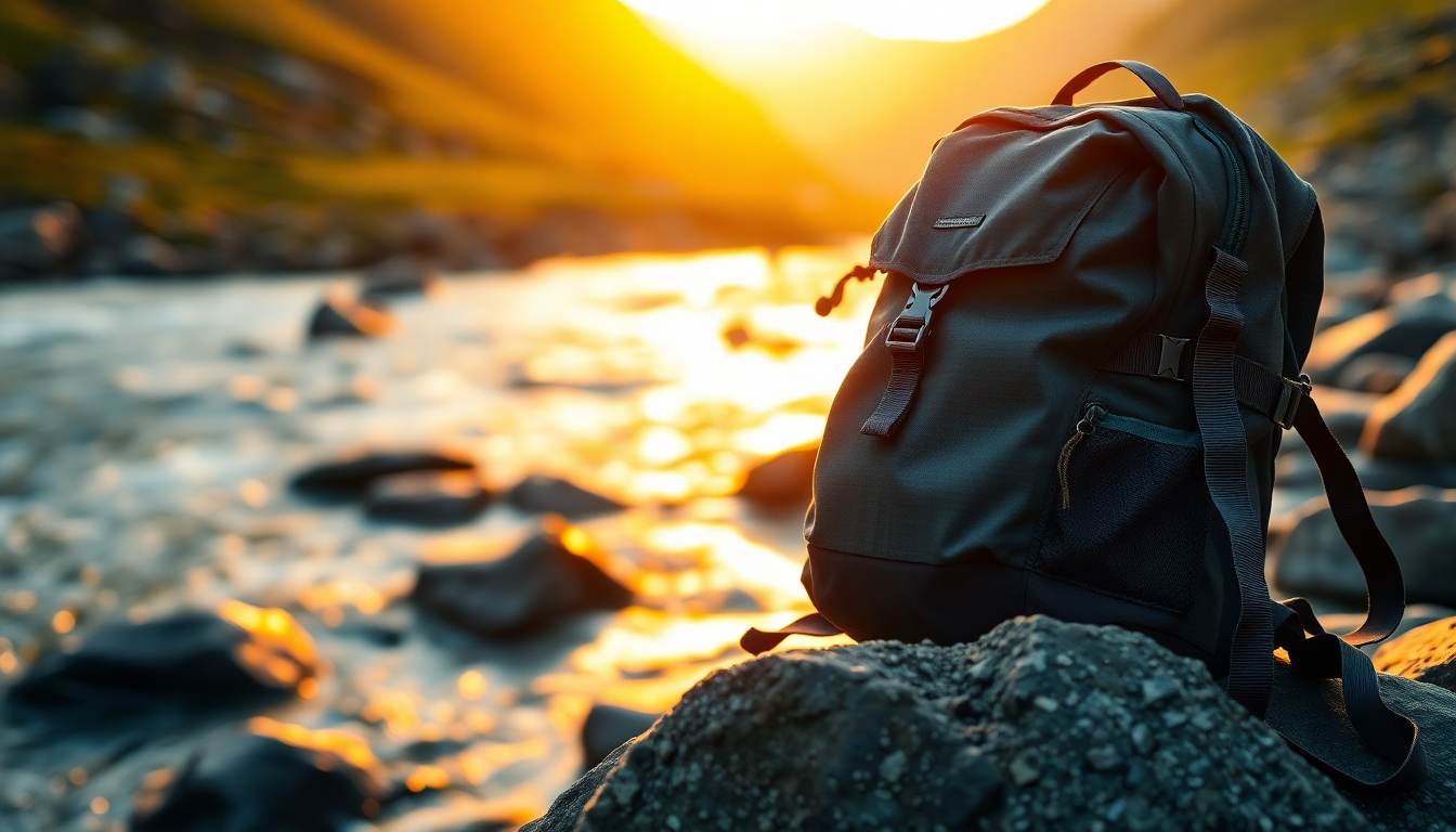 A black backpack resting on a rock by a river at sunset.