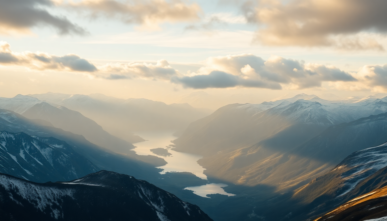 A vast mountain landscape with snow-capped peaks, a winding river, and a partly cloudy sky at sunset or sunrise.