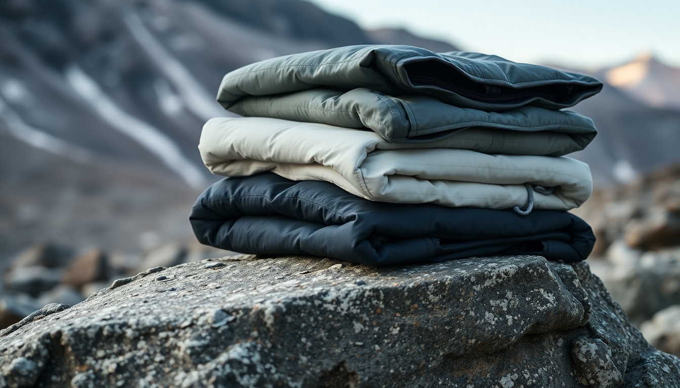 A stack of four folded jackets in black, navy, beige, and green on a large rock.