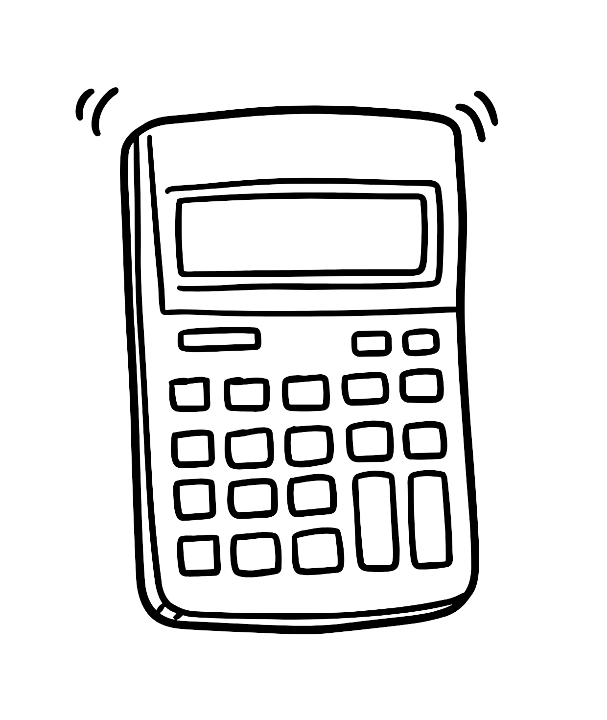Line drawing of a calculator with a display screen and various buttons.
