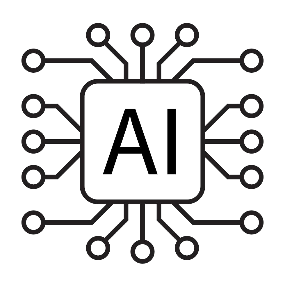 Zeichnung eines künstlichen Intelligenz-Chips mit der Beschriftung 'AI' in der Mitte, umgeben von Linien und Kreisen, die die Vernetzung darstellen.