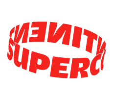 Der Text ‚VINTEN SUPER!‘ in rot auf schwarzem Hintergrund, verzerrt in einer kreisförmigen Anordnung.
