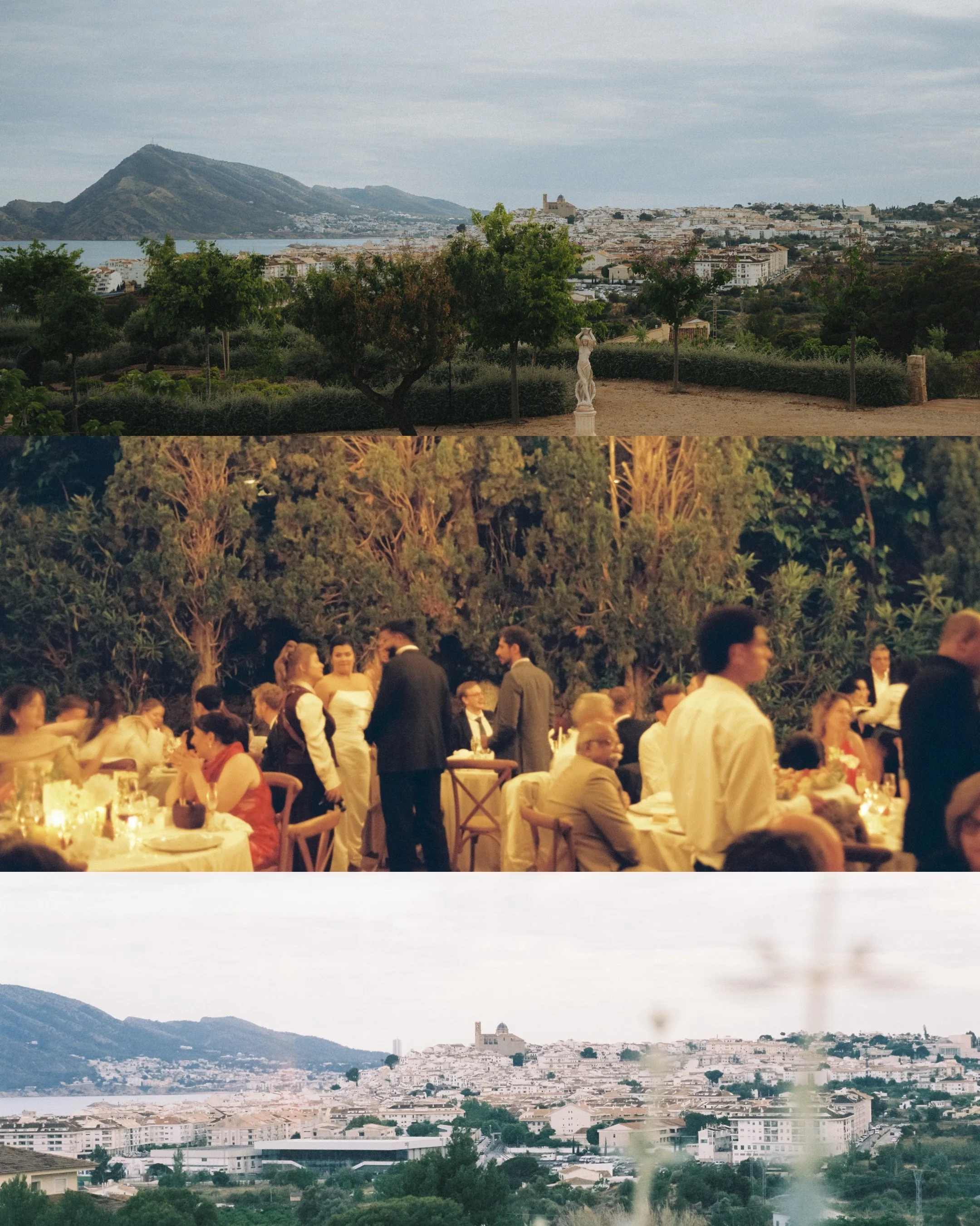 A collage of four photos showing different views of a city with mountainous terrain and water in the background, including a formal event or gathering outdoors with numerous people, tables, and greenery.