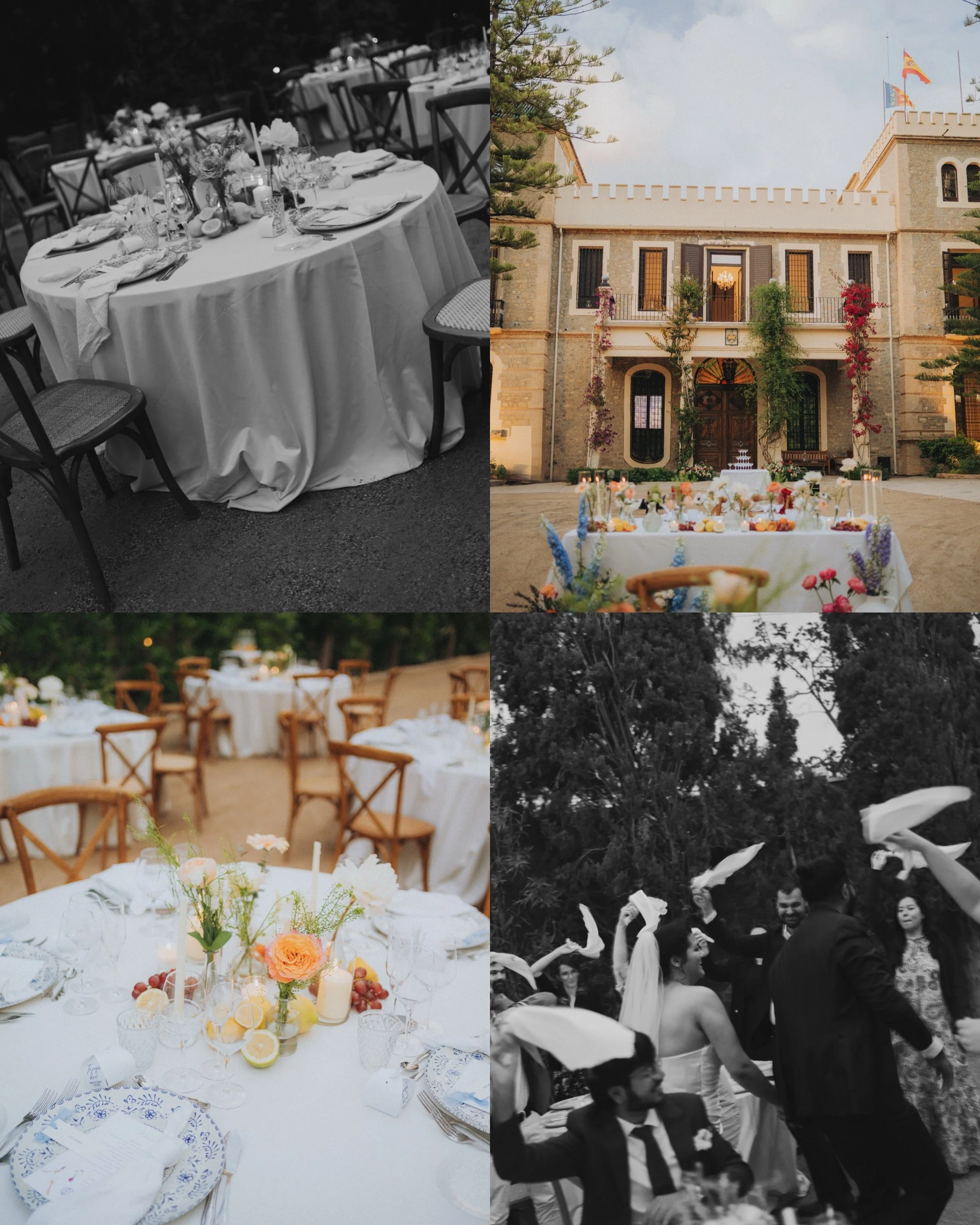 A collage of four images from a wedding celebration: A black and white photo of a set dining table with chairs, candles, and floral arrangements. An outdoor building with flags flying and a decorated table in front. A close-up of a floral centerpiece