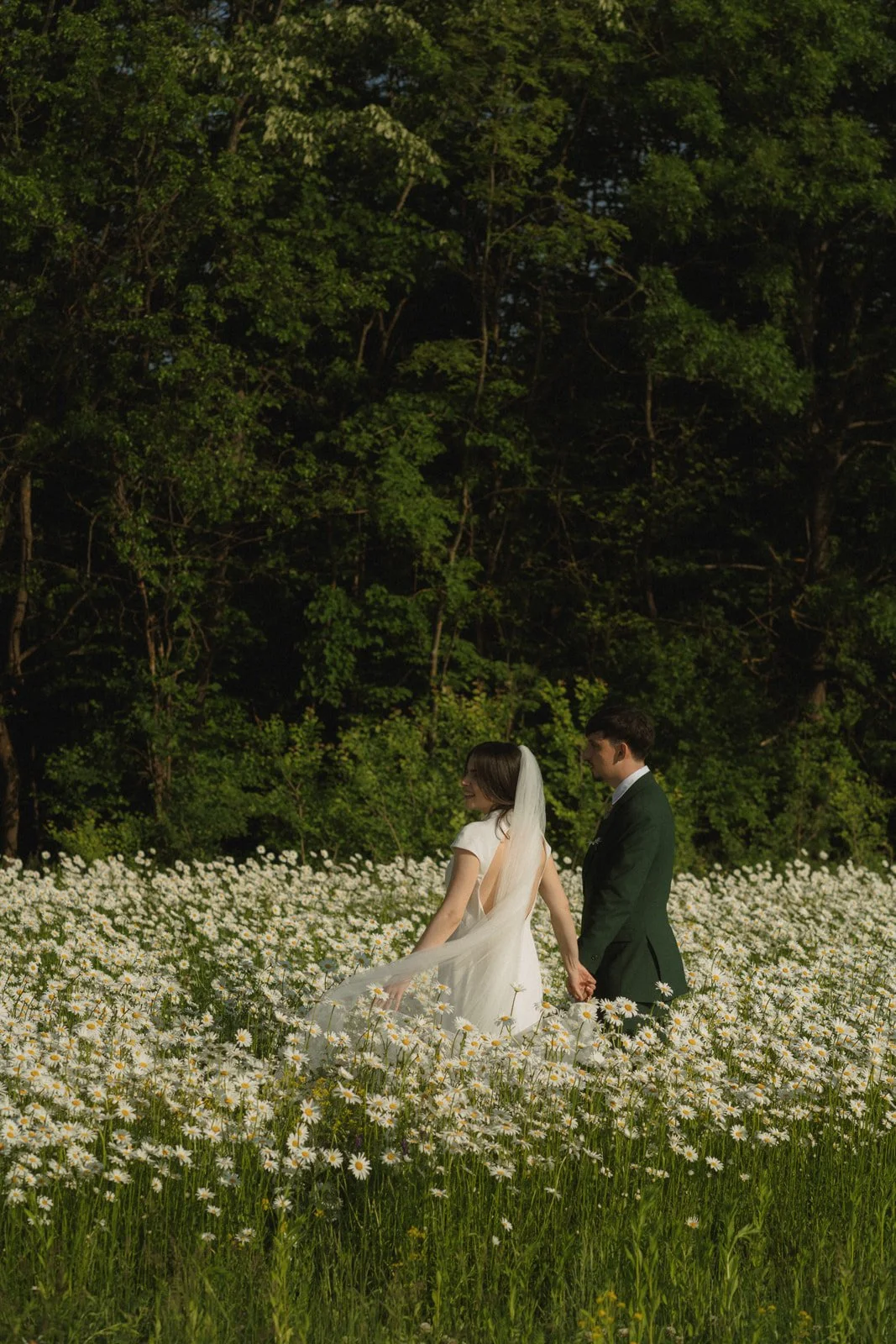 A bride and groom holding hands in a field of white daisies with lush green trees in the background.