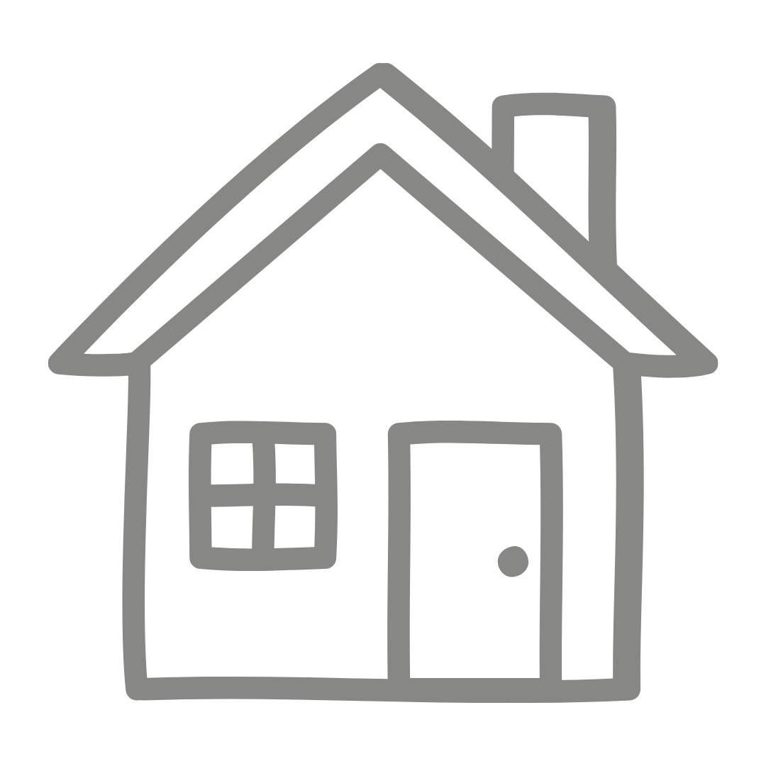 Simple drawing of a house with a pitched roof, a chimney, a window, and a door.