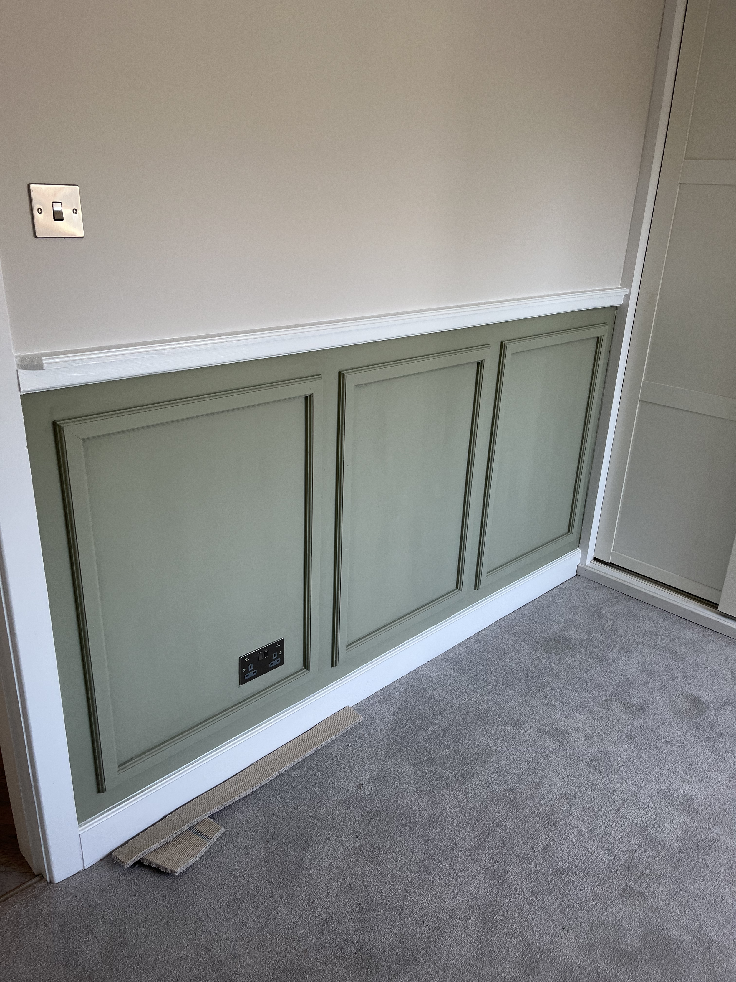 Interior view of a wall with a light switch, green wainscoting, a double power outlet, and beige carpet flooring.