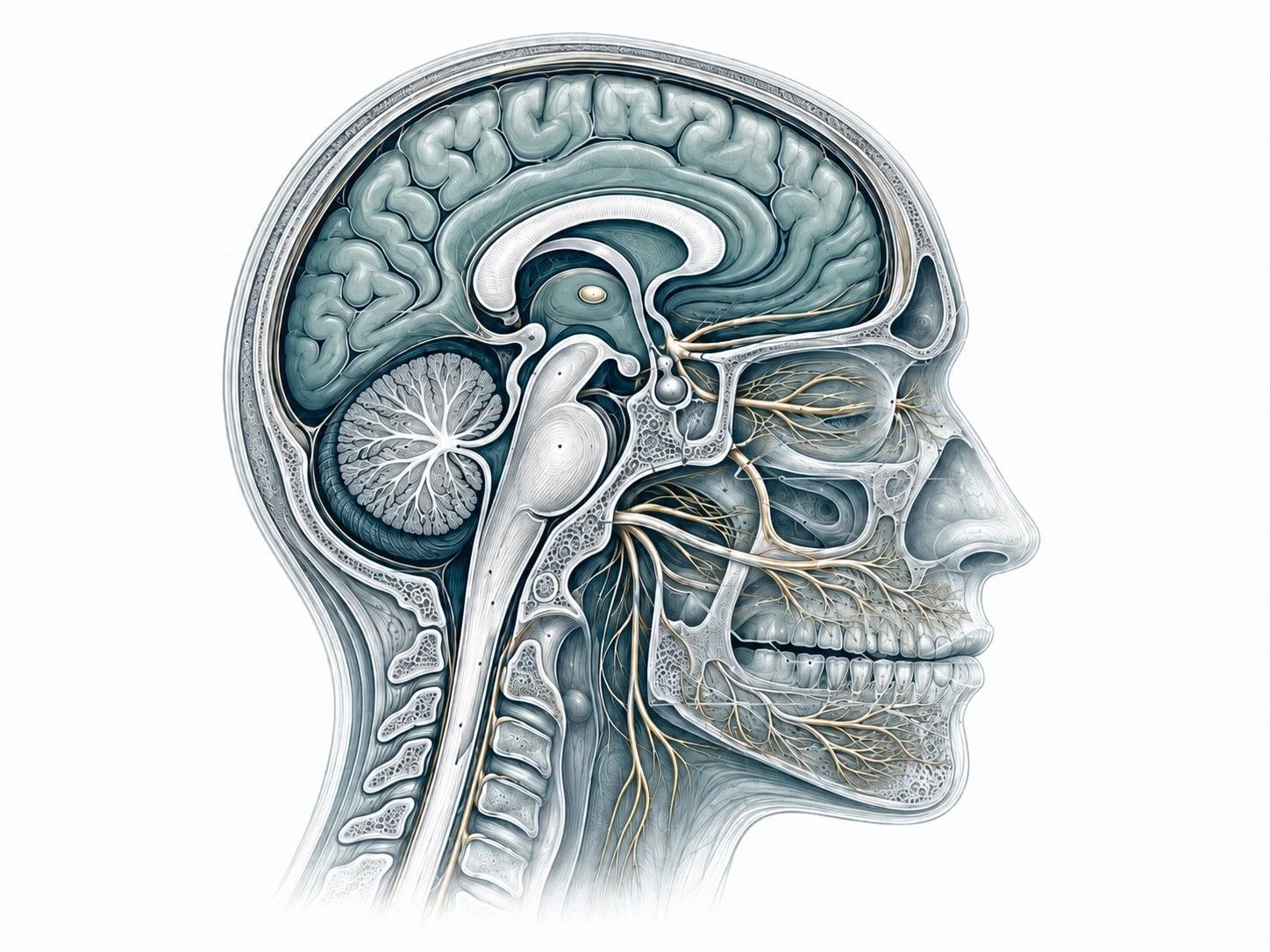 An anatomical illustration of a human head in profile, showing the brain, eyes, nerves, and skeletal structure in a detailed and stylized manner.