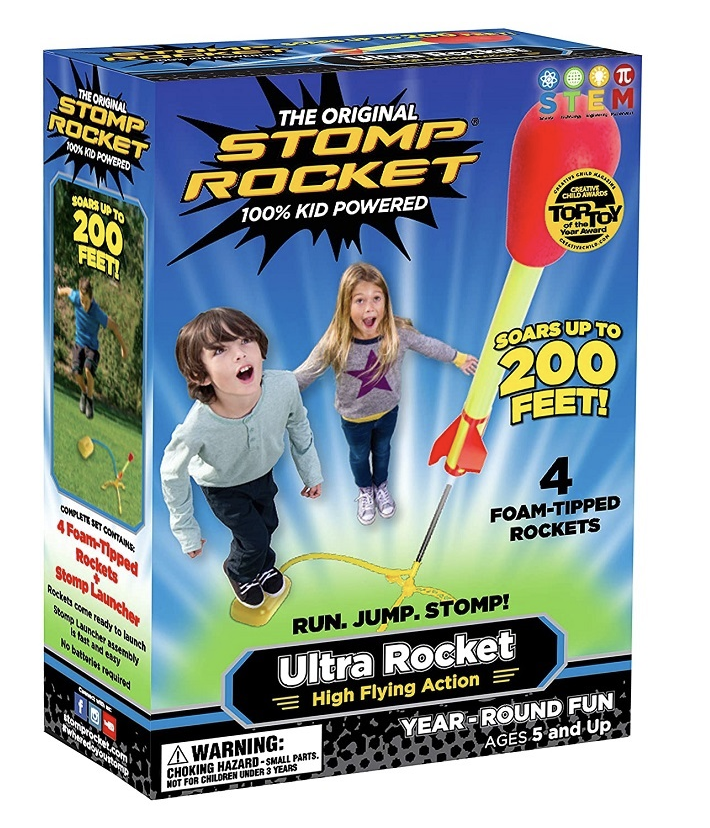 Box for Ultra Rocket toy, featuring children playing with foam rocket, colorful design, and information about the toy's height, age suitability, and features.