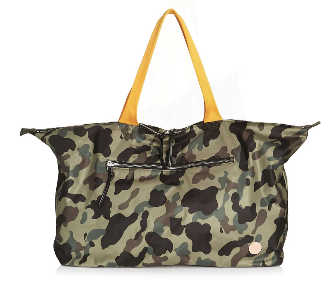 Camouflage print tote bag with yellow handles and zippered front pocket.