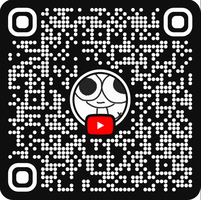 A black and white QR code with a centered cartoon character of a girl with a large eye, and a red YouTube play button icon overlaying the bottom part of the character's face.