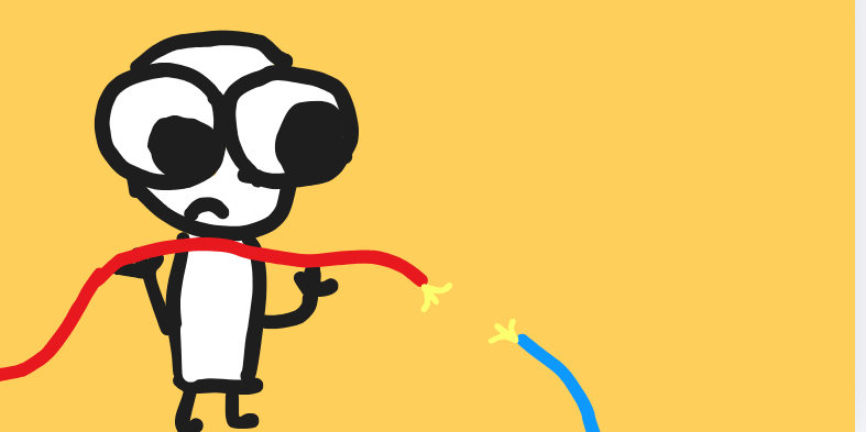 A simple cartoon drawing of a character with large eyes and a surprised expression, holding a red wire with a small yellow flame at the end trying to connect it to another blue wire, against a yellow background.