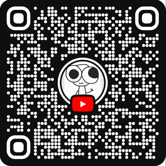 A QR code with a cartoon character of a girl with large eyes and a small smile at its center, along with a red YouTube play button icon.