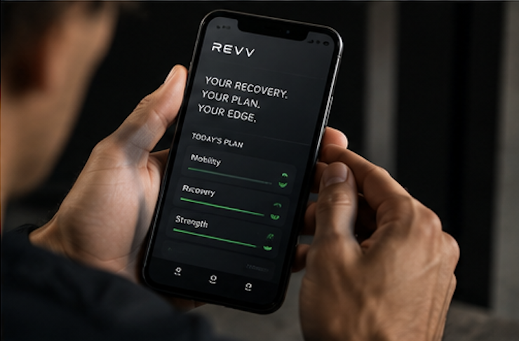 A person holding a smartphone displaying an app called 'REVV' with recovery, mobility, and strength progress bars.