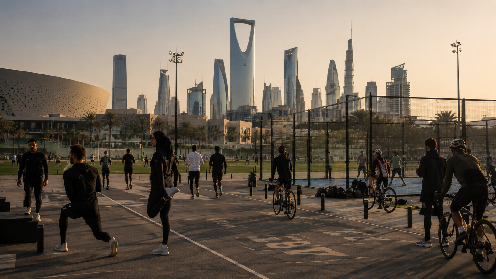 People exercising and cycling at an outdoor sports court in front of a city skyline with tall skyscrapers during sunset.