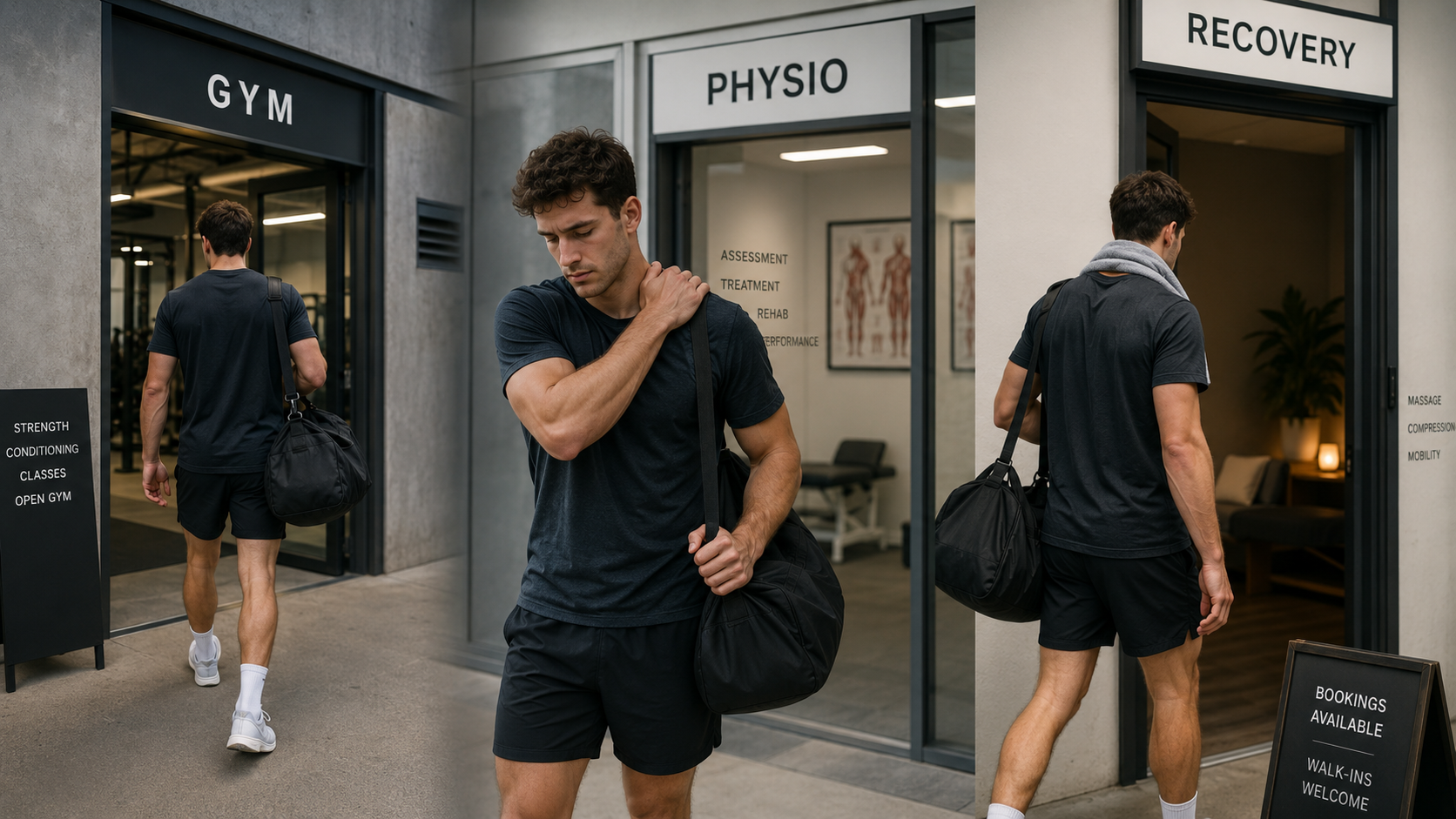 A young man with dark, curly hair and light skin standing outside a physical therapy clinic, carrying a black gym bag. He is dressed in a dark t-shirt, dark shorts, and white sneakers. Behind him, there's an entrance to a gym with signage indicating services like strength, conditioning, classes, open gym, and recovery, with doors labeled 'Physio' and 'Recovery.'