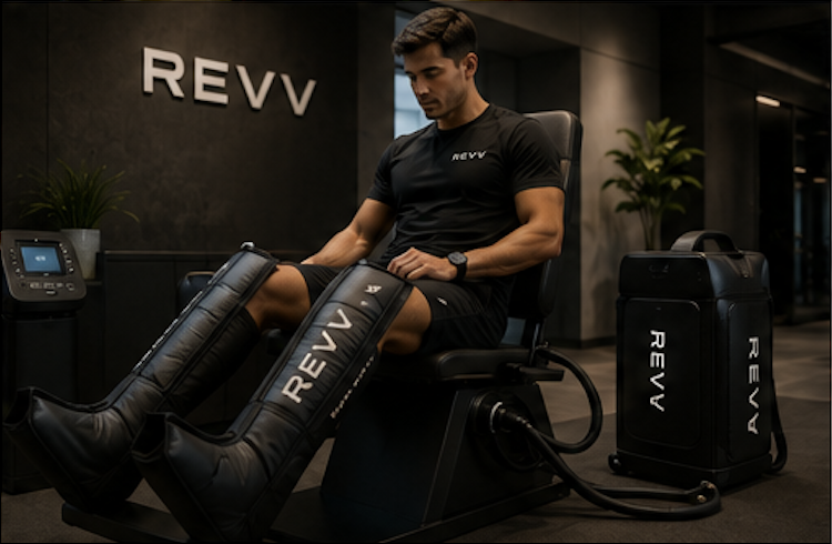A man sitting on a chair in a gym, connected to a REVV compression therapy machine on his legs, with the REVV logo visible. The gym has a black wall with the REVV logo, a plant, and exercise equipment.