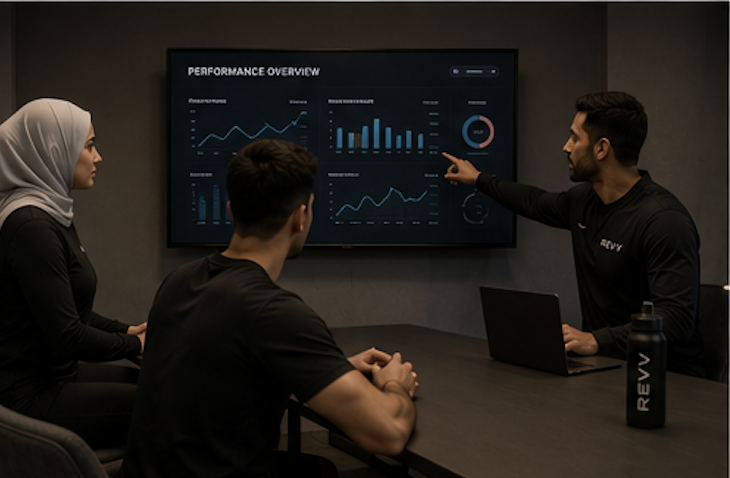 Three people in a meeting room analyzing data on a large screen displaying performance charts and graphs.