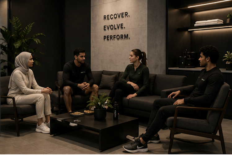 Four people sitting and talking in a modern lounge with a coffee table, plants, and a sign that says 'Recover, Evolve, Perform.'