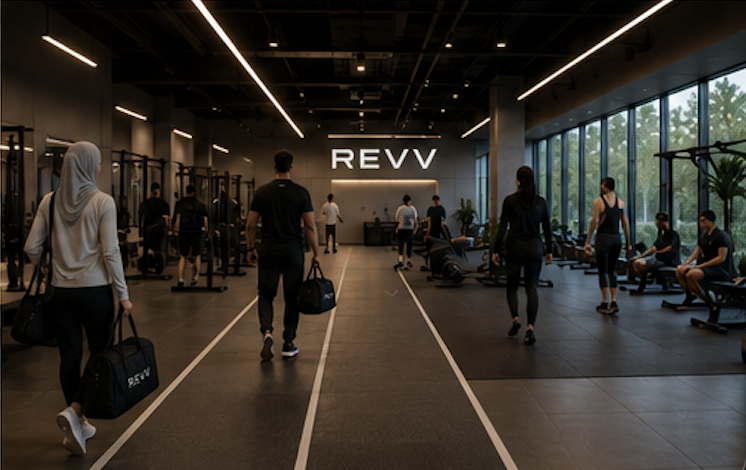People walking into a modern gym labeled REVV with workout equipment, seating area, and large windows.