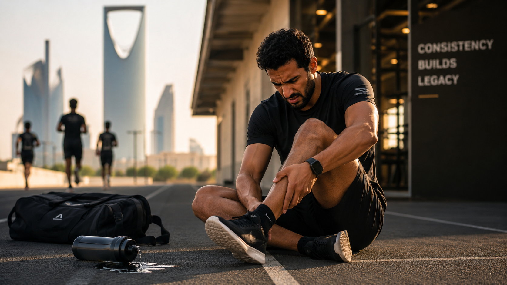 Man in black athletic clothing sits on the ground injured, holding his ankle, with a water bottle spilled next to him and a gym bag nearby. In the background, running track workers run past under a bridge, with a cityscape in the distance.