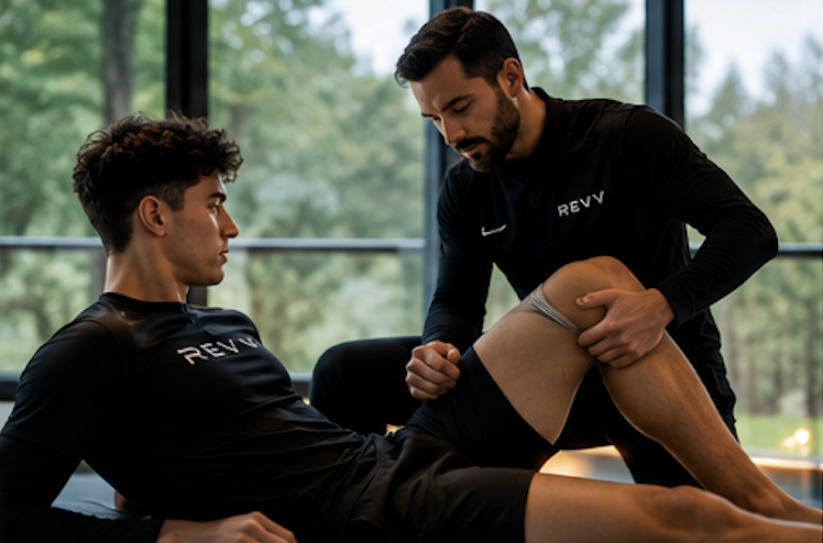 Physical therapist or trainer helping an athlete with leg injury or injury assessment in a gym or rehab center.