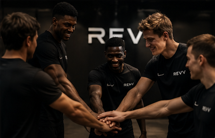 Five young men in black athletic shirts with 'REVV' logo, smiling and placing their hands together in a team huddle