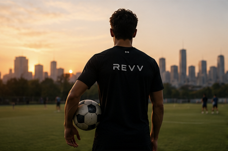 A soccer player standing on a field during sunset, holding a soccer ball under his right arm, with a city skyline in the background.