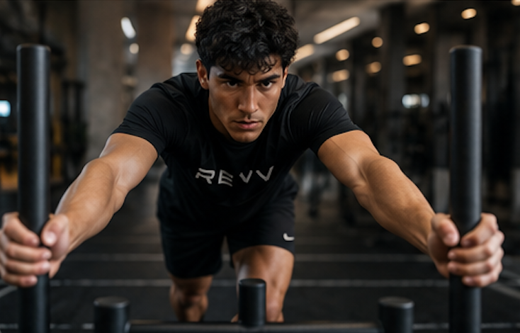 Young man pushing a weighted sled in a gym.