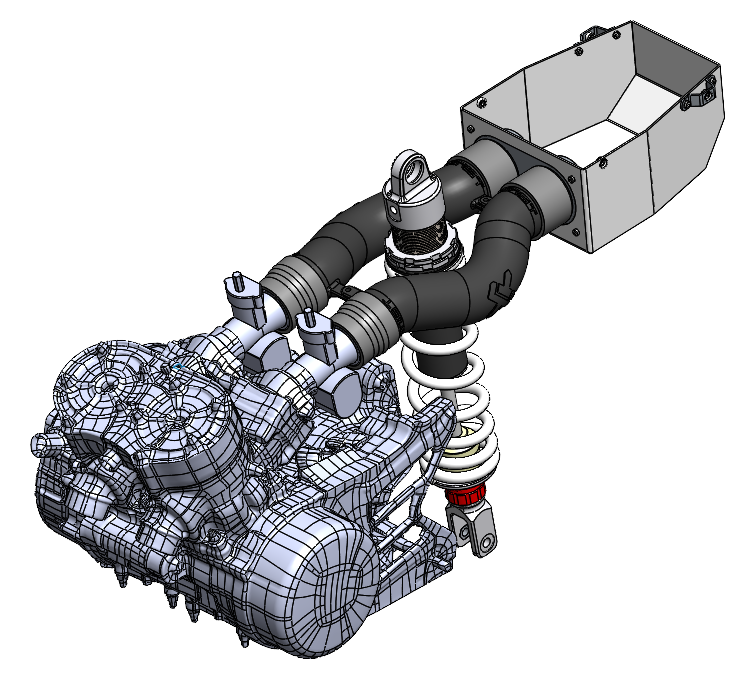 3D digital rendering of an engine with a suspension system and duct work.