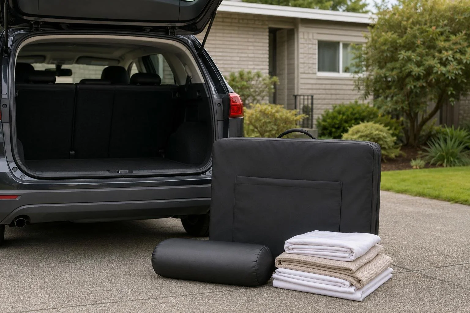 A folded portable massage table in its padded carry case, a bolster, and neatly folded linens staged beside an open car hatchback in a residential driveway