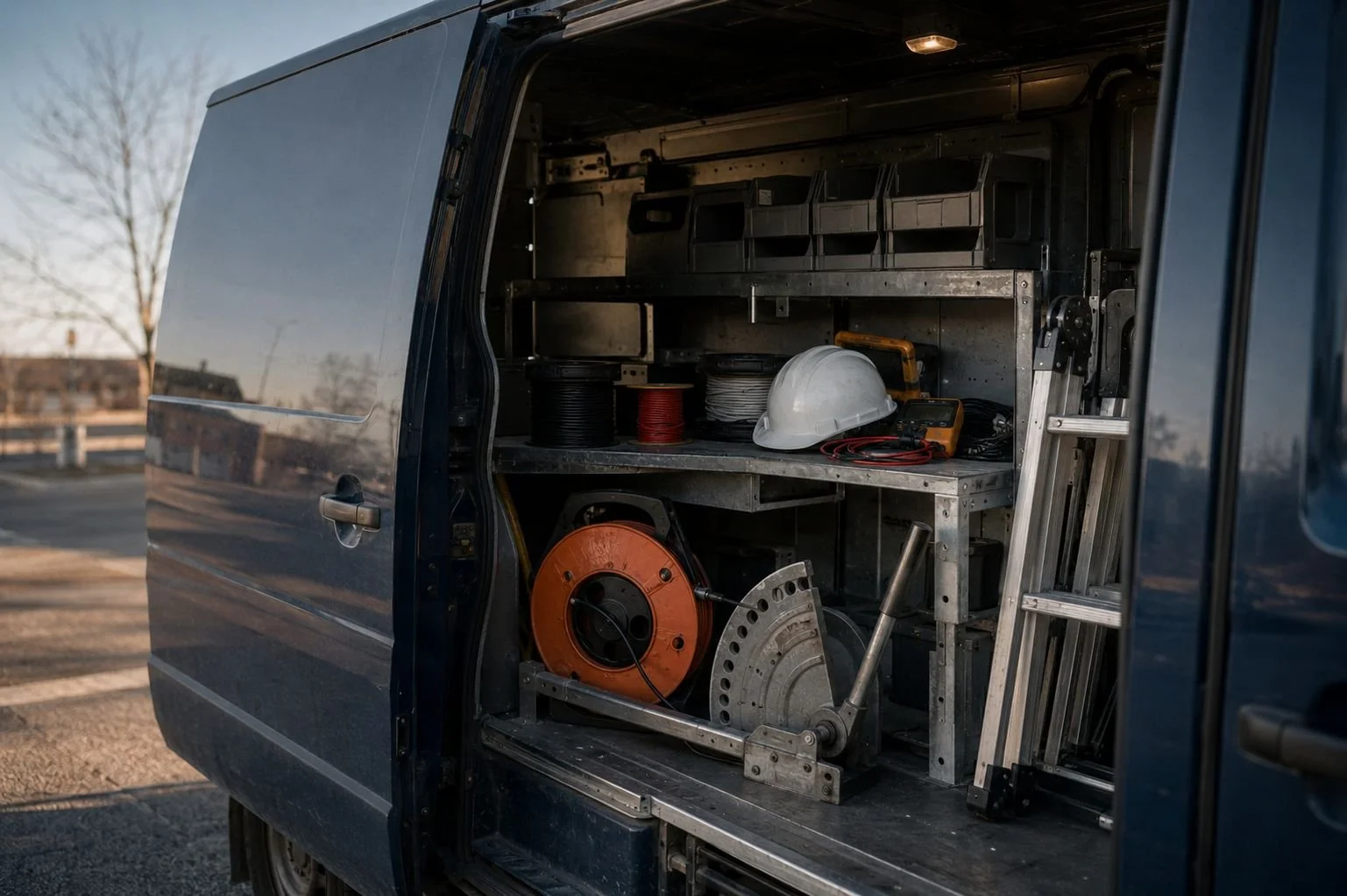 Electrical contracting startup equipment staged in a work van — multimeter, conduit bender, wire spools, hand tools and a ladder