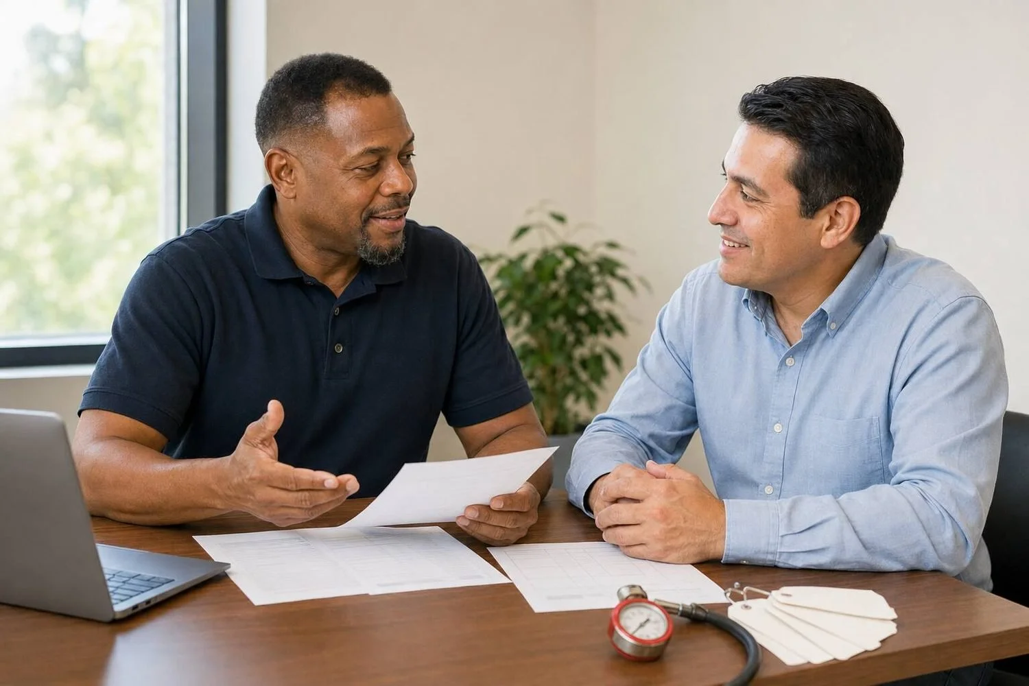 The same fire protection business owner in a navy polo shirt sitting at a desk with a community lender, both smiling mid-conversation over printed financial statements, a pressure gauge and a fan of blank service tags on the desk beside a laptop