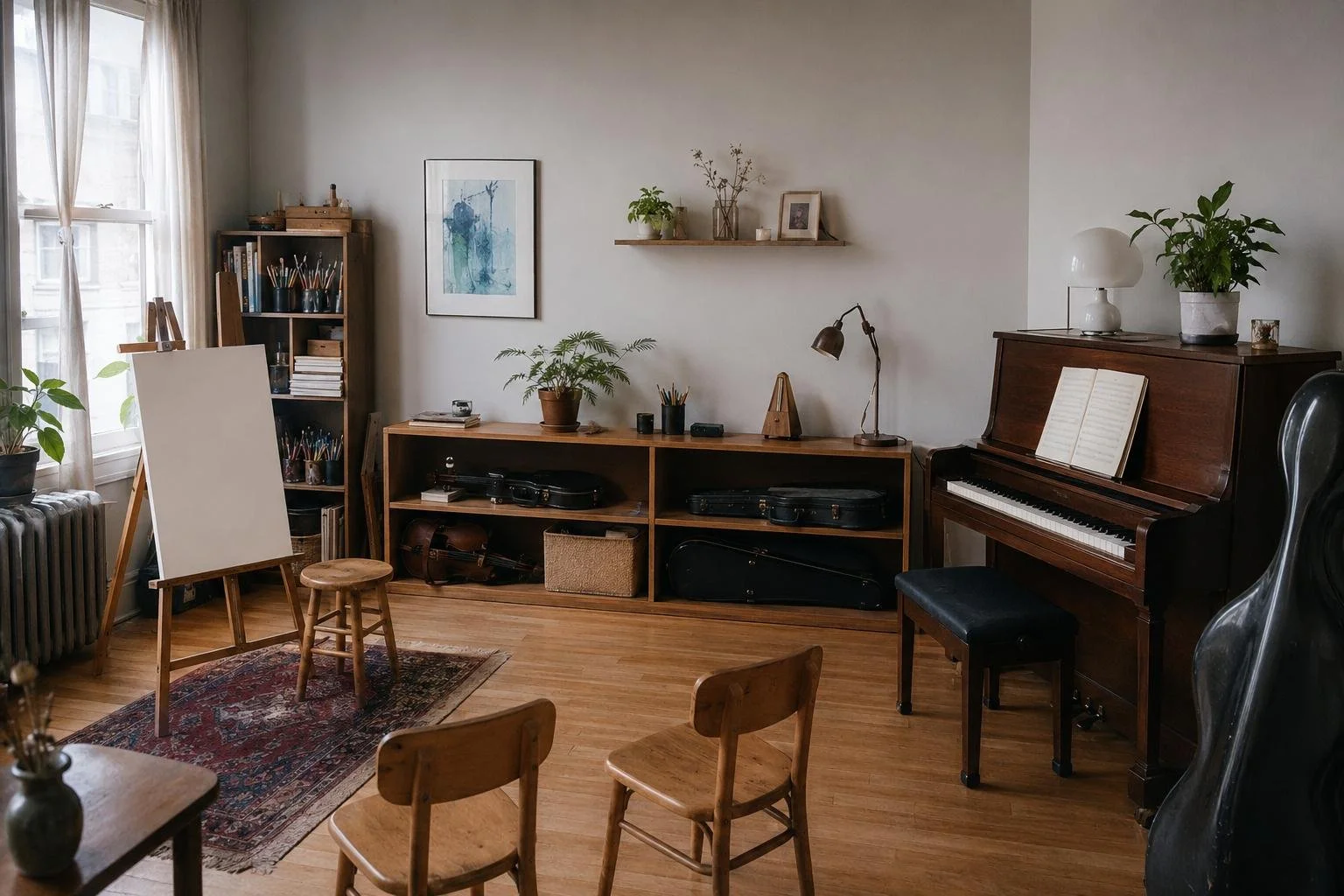 A small independent studio interior — an upright piano with open sheet music, a blank easel by the window, shelves of instrument cases and art supplies, and a few wooden chairs